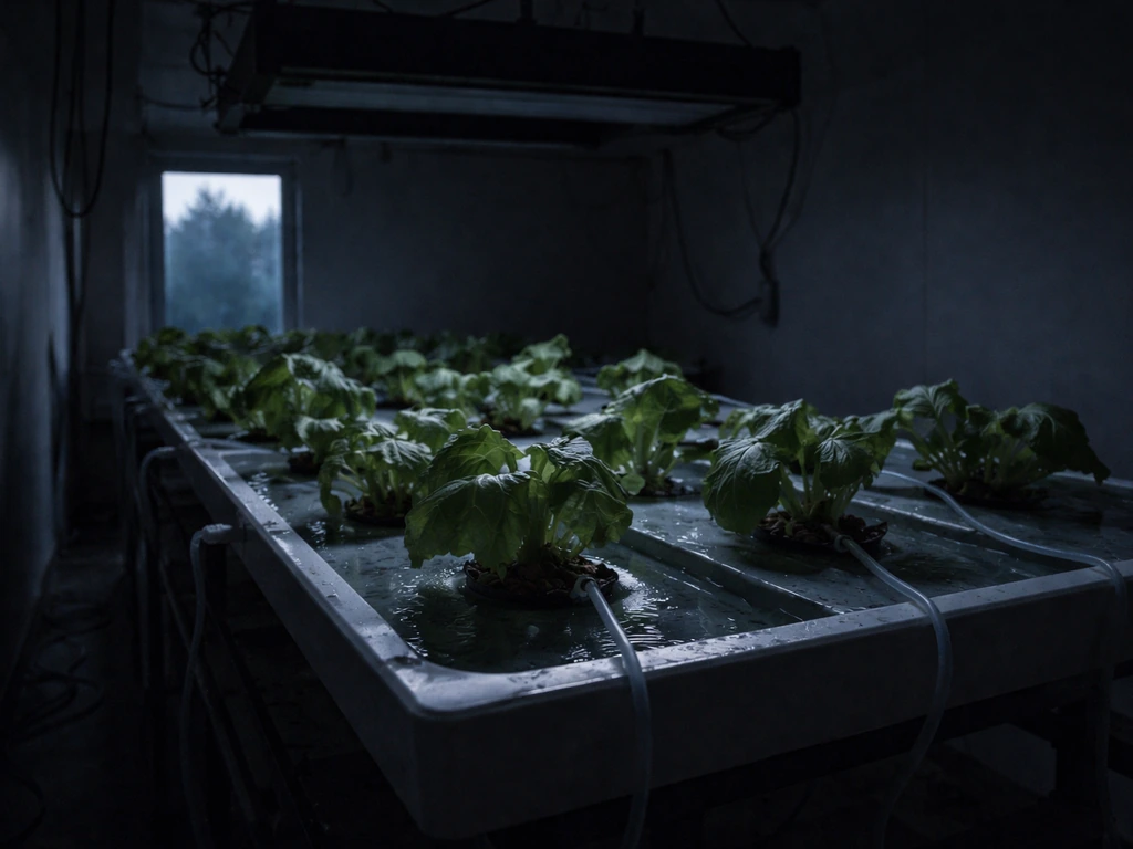 Indoor hydroponics rack with dark sun lamp and drooping plants during a power outage.