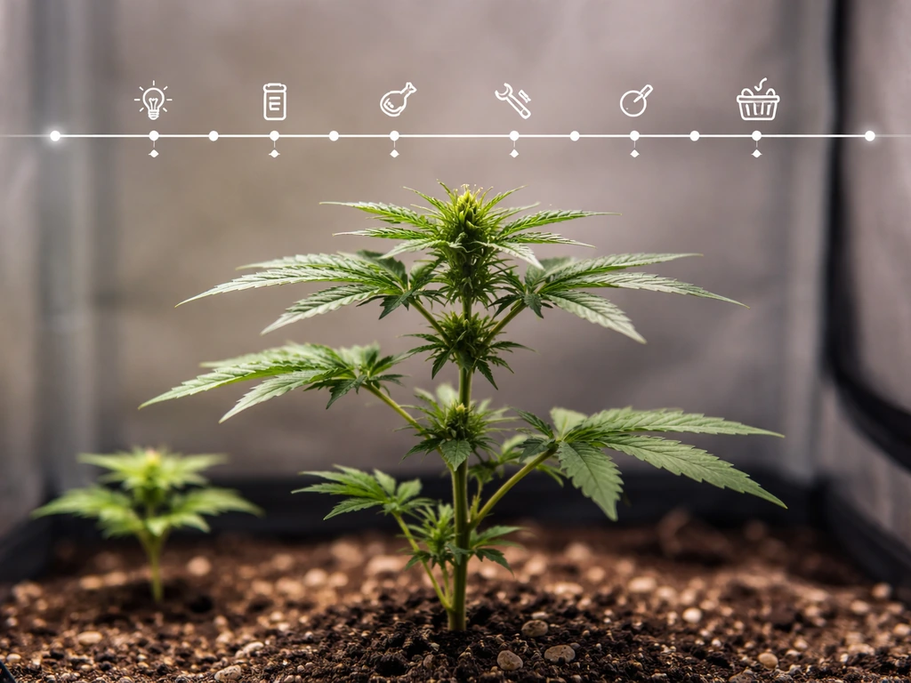 Close-up of an autoflower plant with a clean week-by-week timeline graphic overlay in early growth stages