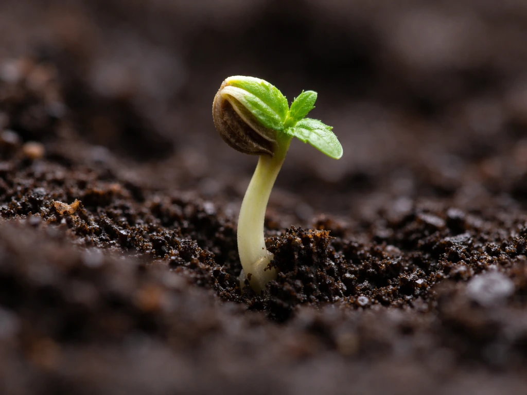 Close-up of a young autoflower seedling with a taproot emerging from moist soil.