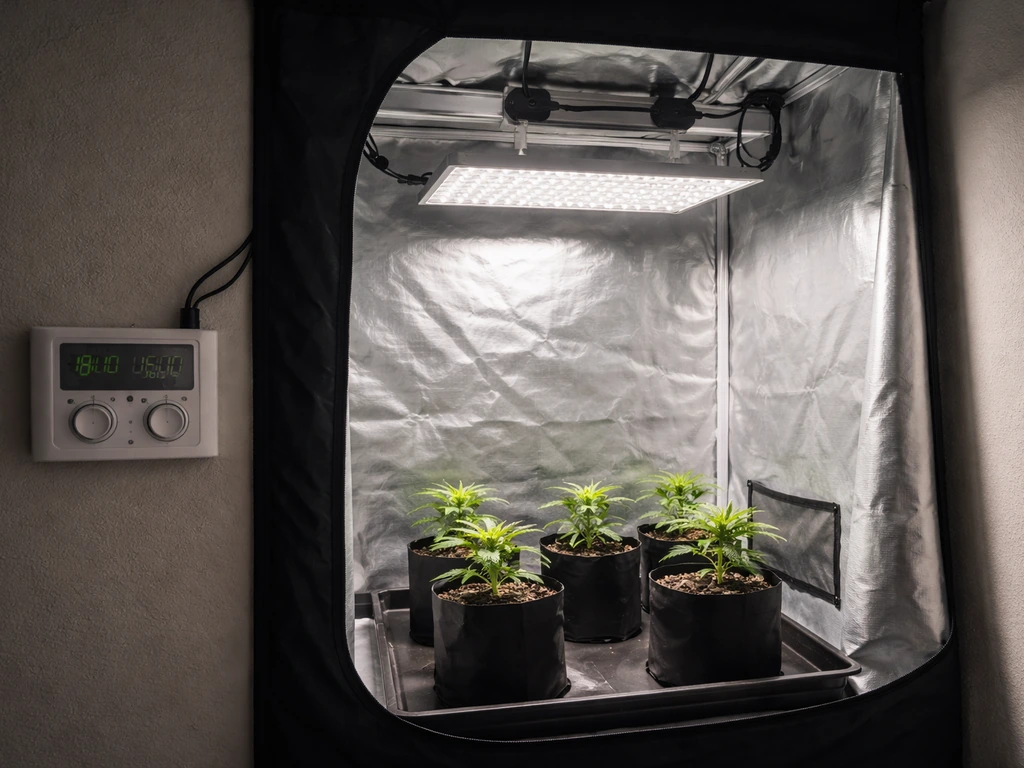 Indoor grow tent with an LED light on and a small controller showing time settings.