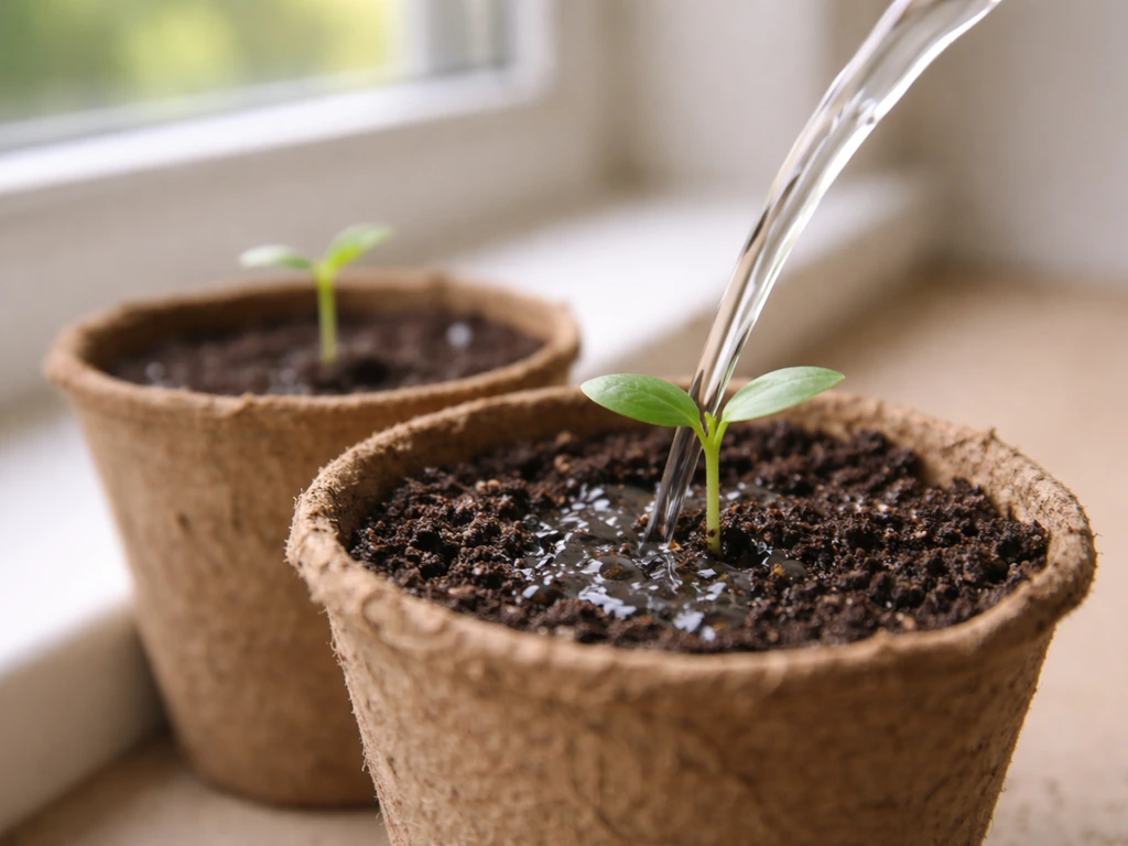 Seedlings in small pots with a gentle stream of water applied at the soil near the stem, not flooding.