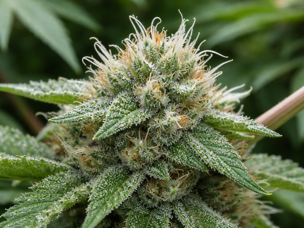Macro close-up of cannabis buds with visible white pistils and frosty trichomes.