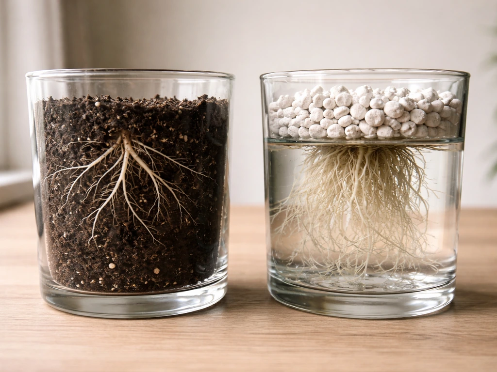 Side-by-side containers showing soil roots spread outward versus hydroponic roots suspended in solution.