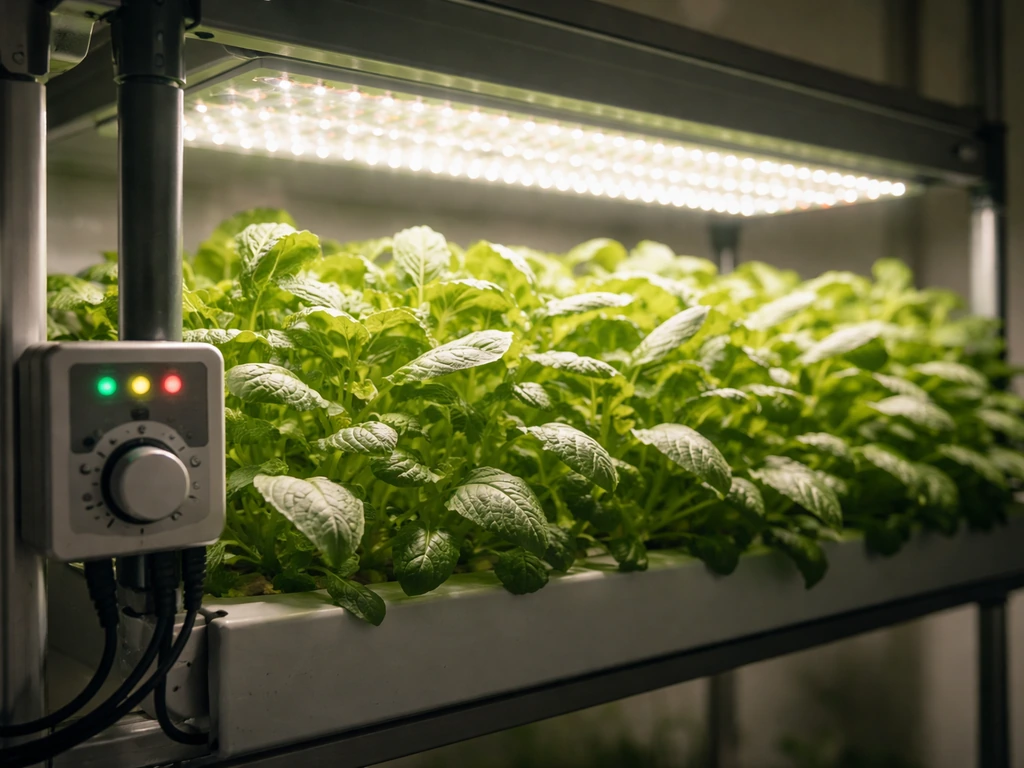 Close-up of a hydroponic grow light with a timer/controller and a dense leafy canopy under bright light