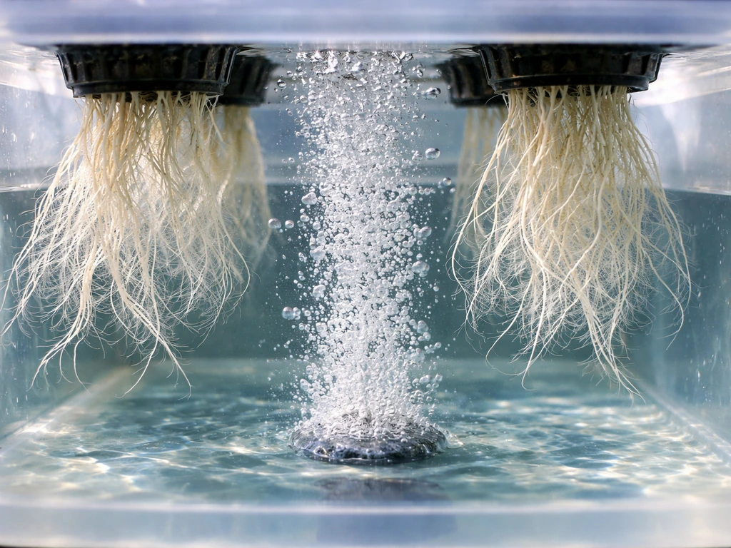 Close-up of DWC roots submerged in clear water with a bubbling air stone oxygen column rising.