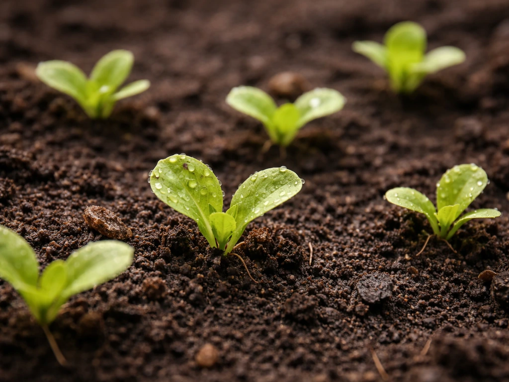 Close-up of lettuce seedlings in soil under bright light, early growth stage