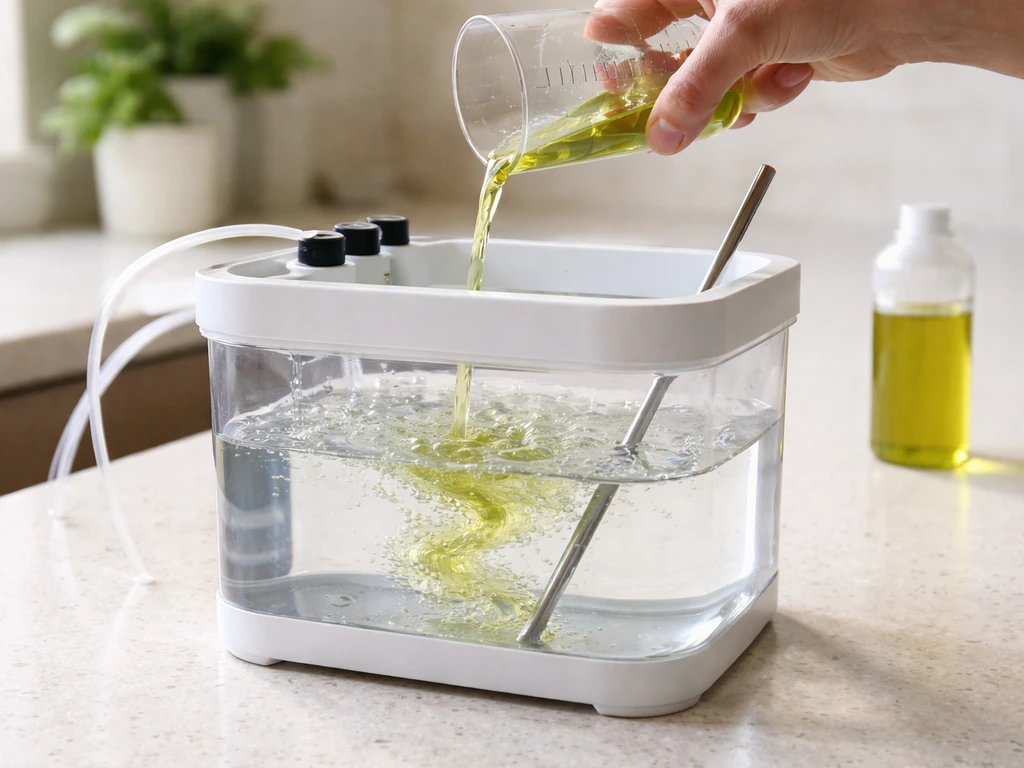 Close-up of pouring liquid fertilizer into clear pH-neutral water in a reservoir, then stirring.