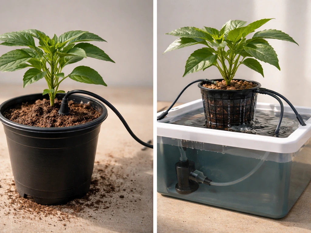 Split scene showing drip nutrient delivery to soil vs tubing feeding a hydroponic reservoir and drips.