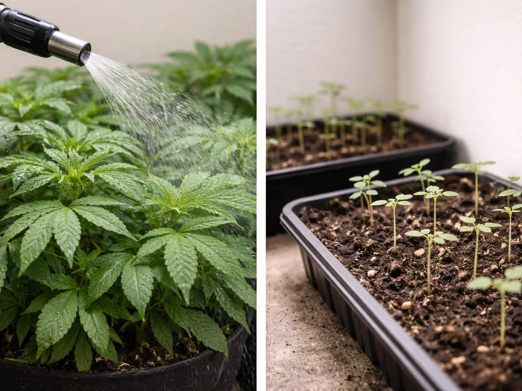 Indoor plants split into vegetative canopy with nutrient droplets and dry seedlings without the booster.