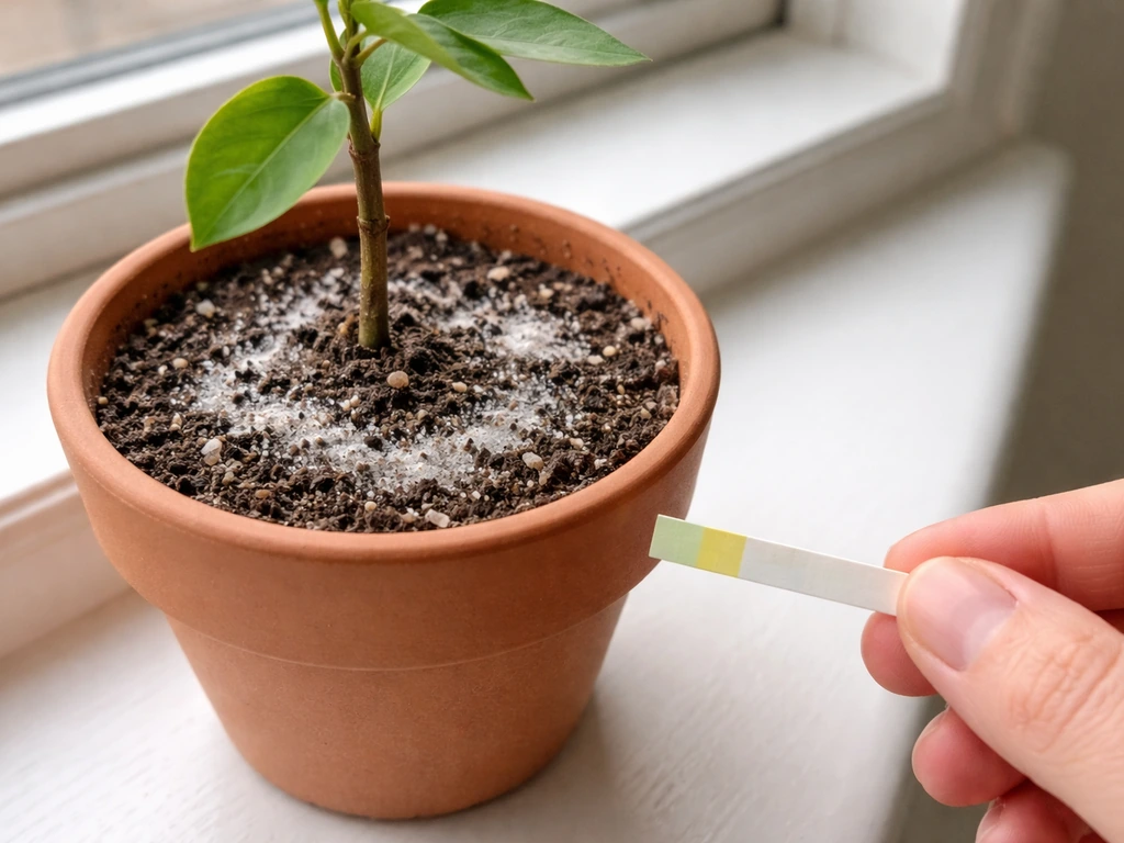 Houseplant soil with white salt crust; a pH testing strip held above the medium to show wrong pH.