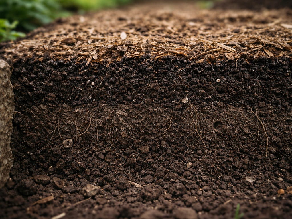Cross-section of garden soil layers with compost and mulch building richer topsoil