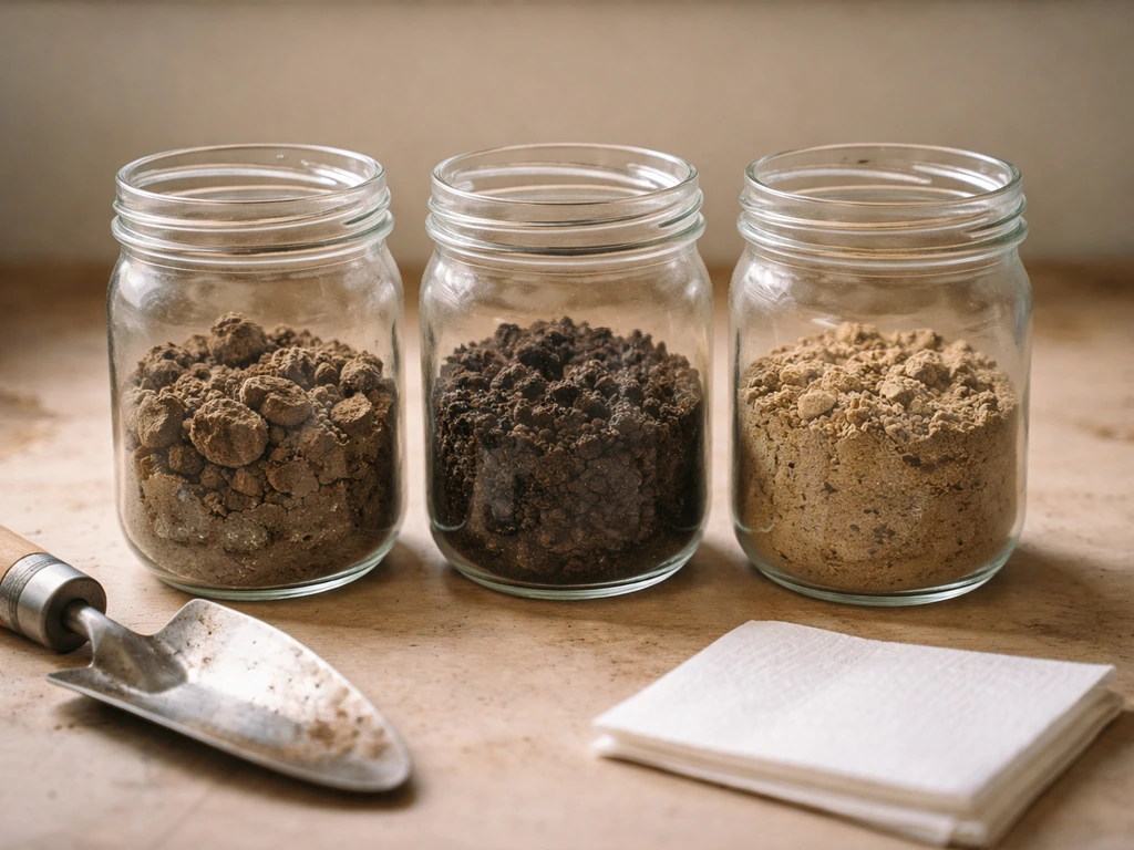 Three clear jars of different soil textures on a bench, showing signs of compaction, low organics, and poor drainage.