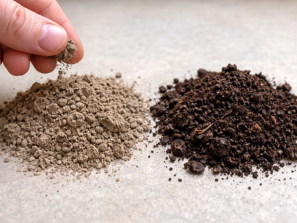 Close-up of two contrasting soil samples: dry light powdery dirt beside dark crumbly organic-rich soil.