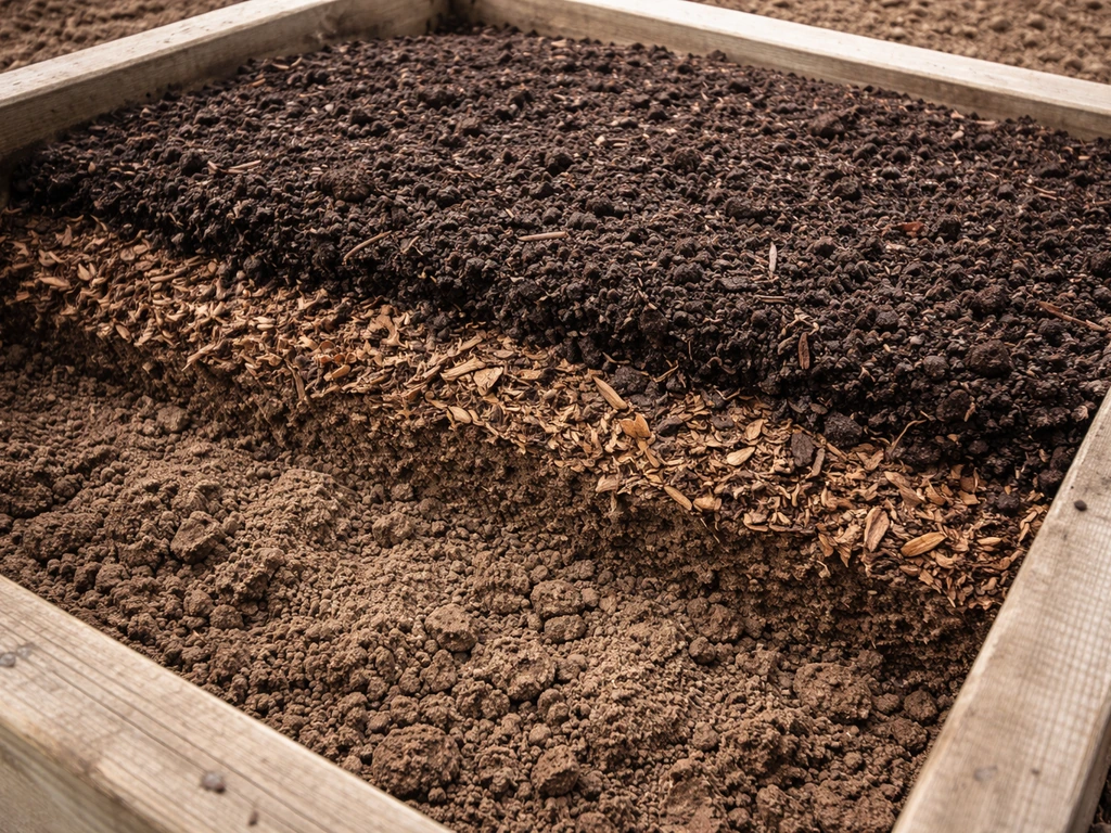 Raised bed showing separate layers: compost on top, then mulch, with structured crumbly soil ready to mix.