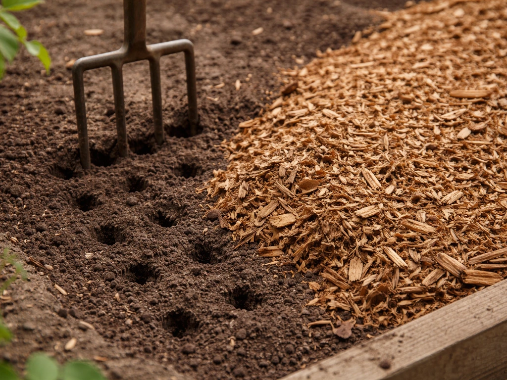 Hand placing wood-chip mulch over dark soil beds, with a garden fork ready for aeration holes