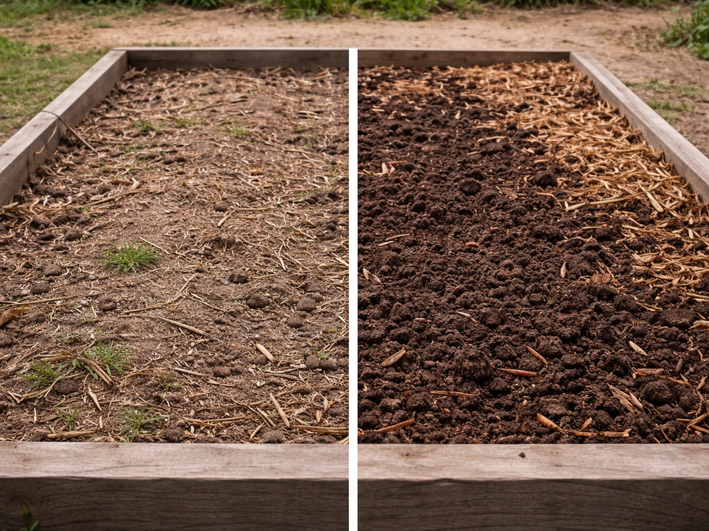 Split view of a garden bed showing compacted, sparse soil on one side and healthier, mulched soil on the other.