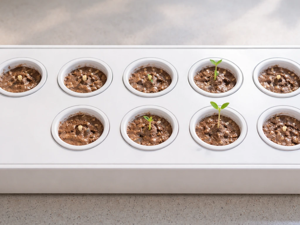 Top-down close-up of a plant pod tray showing a few pods with tiny sprouts at different early germination stages.