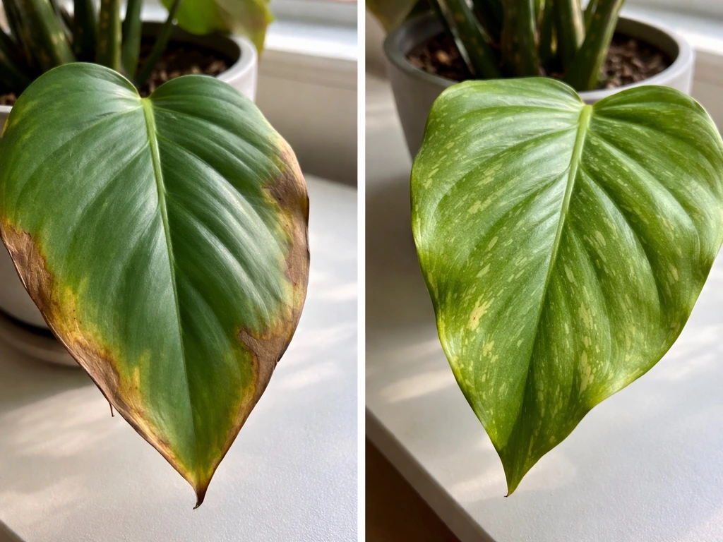 Two adjacent potted plant leaves showing aging browning versus mild stress spots from care issues.