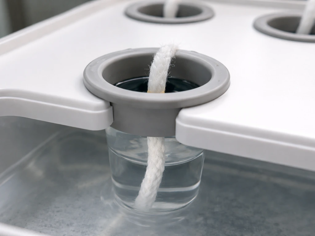 Close-up of a pod cup wick seated correctly and reaching into the water in a reservoir.