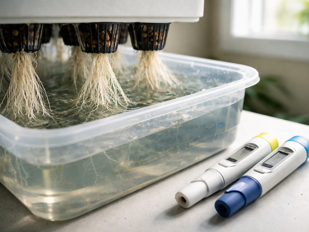 Close-up of a hydroponic reservoir with visible roots and pH/EC probes nearby, minimal and realistic.