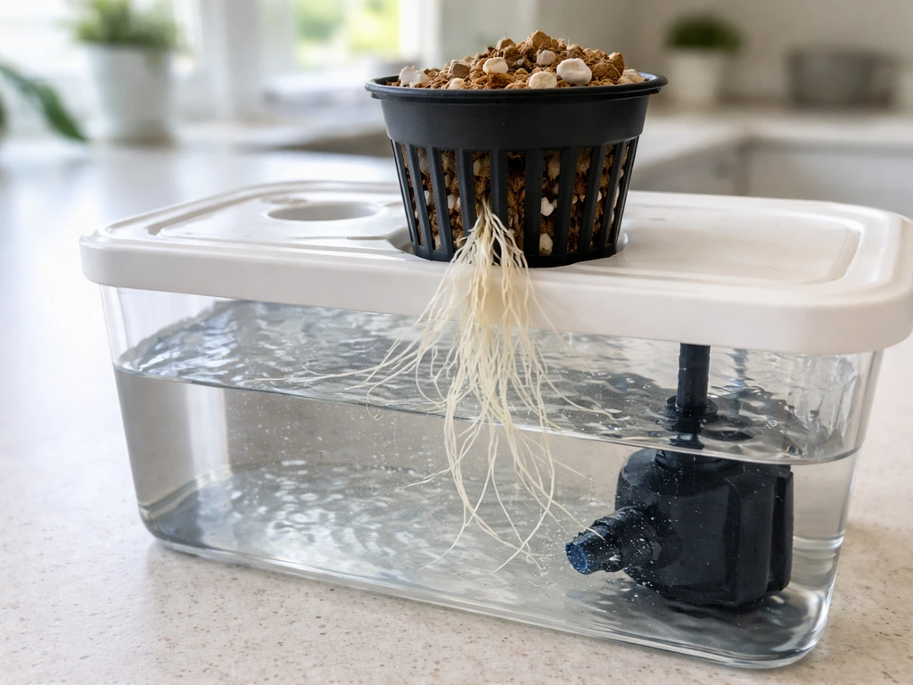 Close view of hydroponic roots in inert medium over a circulating water reservoir