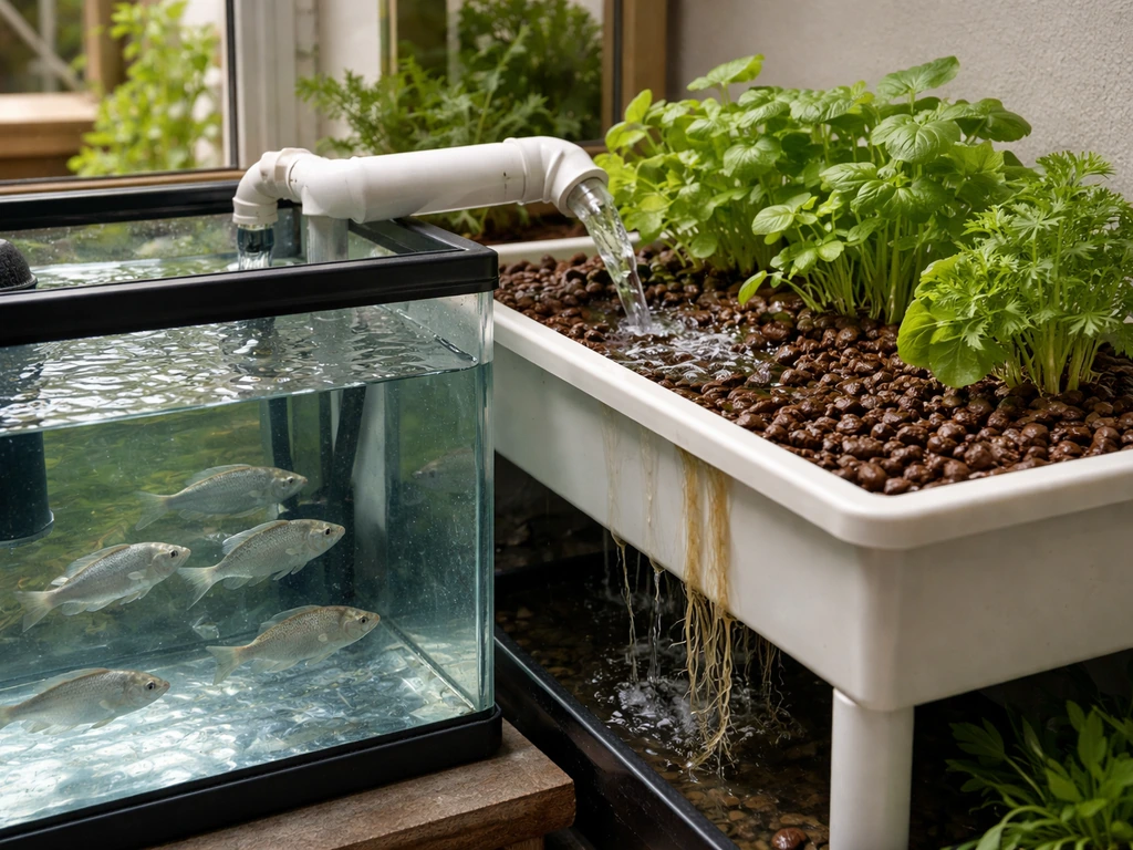 Aquaponics system with fish in a tank and water flowing to a grow bed with plants.