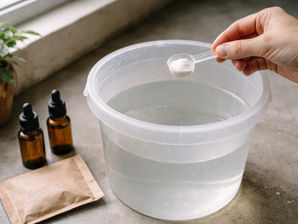 Close-up of a person diluting mineral supplement bottles into a bucket of water for plant feeding.