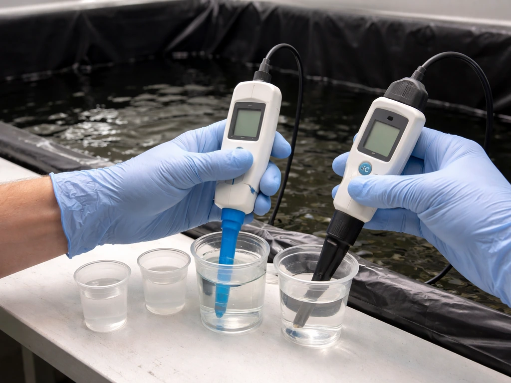 Gloved hands using pH and EC probes over hydro reservoir water with sample cups visible.