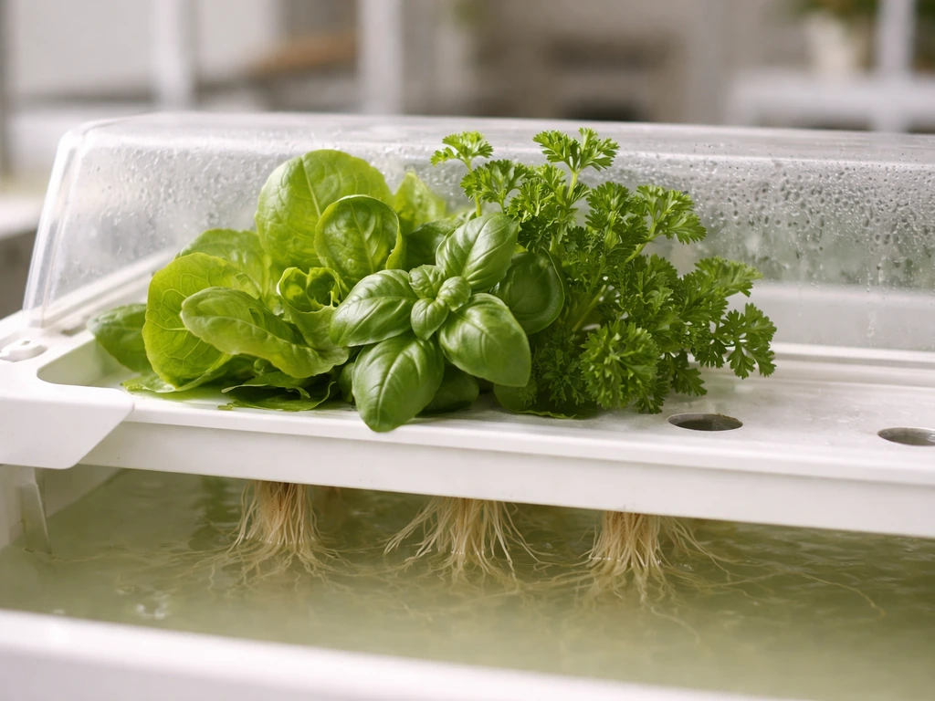 Healthy lettuce and herbs thriving in a simple low-nutrient hydroponic setup