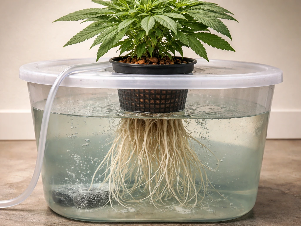 Indoor DWC hydroponic setup with an autoflower in a net pot and visible roots in a clear reservoir.