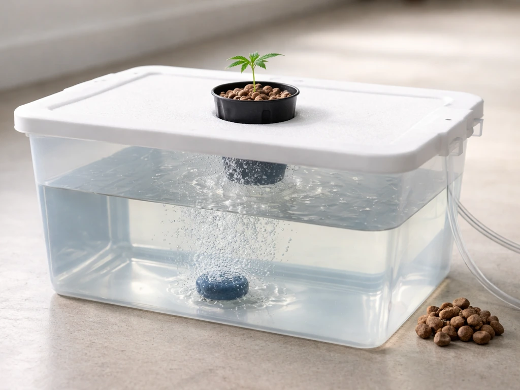 Minimal DWC hydro setup: reservoir water, net pot with roots, bubbling air stone, and small support medium nearby.