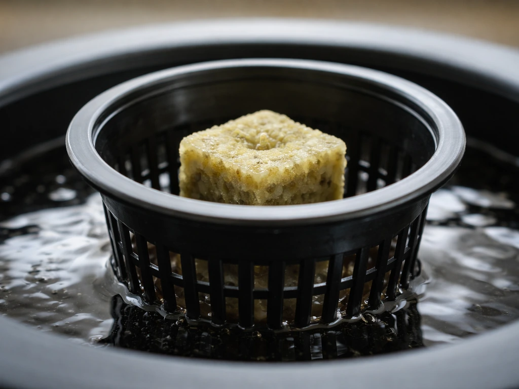 Close-up of a rockwool cube in a net pot over a DWC reservoir with water level kept high.