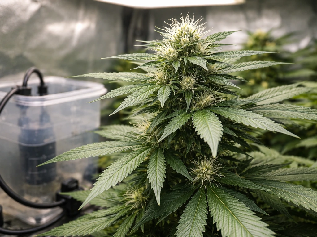Close-up of autoflower plant with emerging white pistils under grow light, nutrient reservoir and tubing nearby