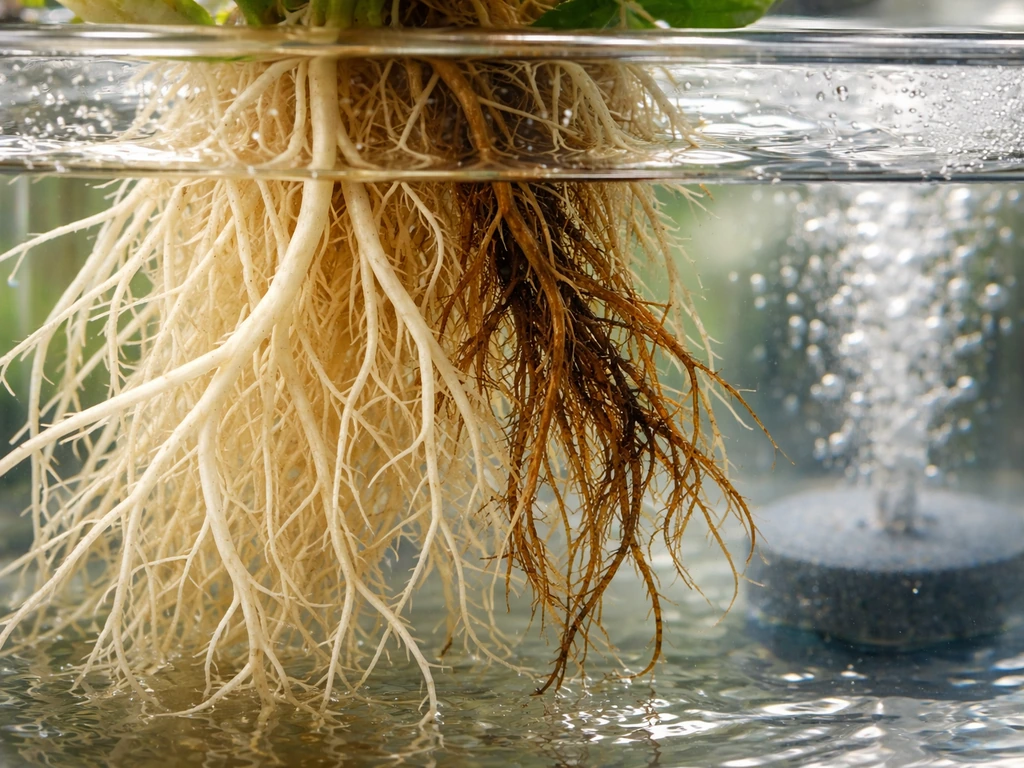 Close-up of plant roots in a clear reservoir showing healthy roots and brown slimy root rot with an air stone.