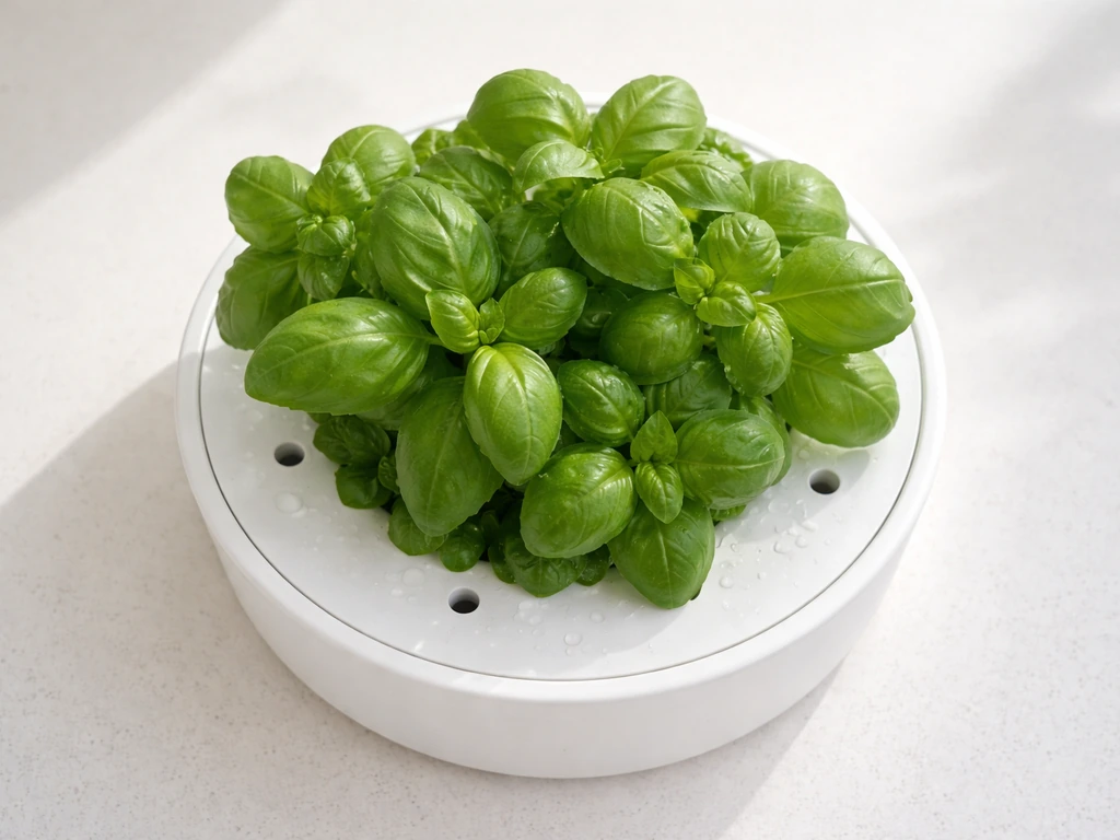 Top-down view of a Click & Grow pod with healthy leafy greens growing in bright natural light.