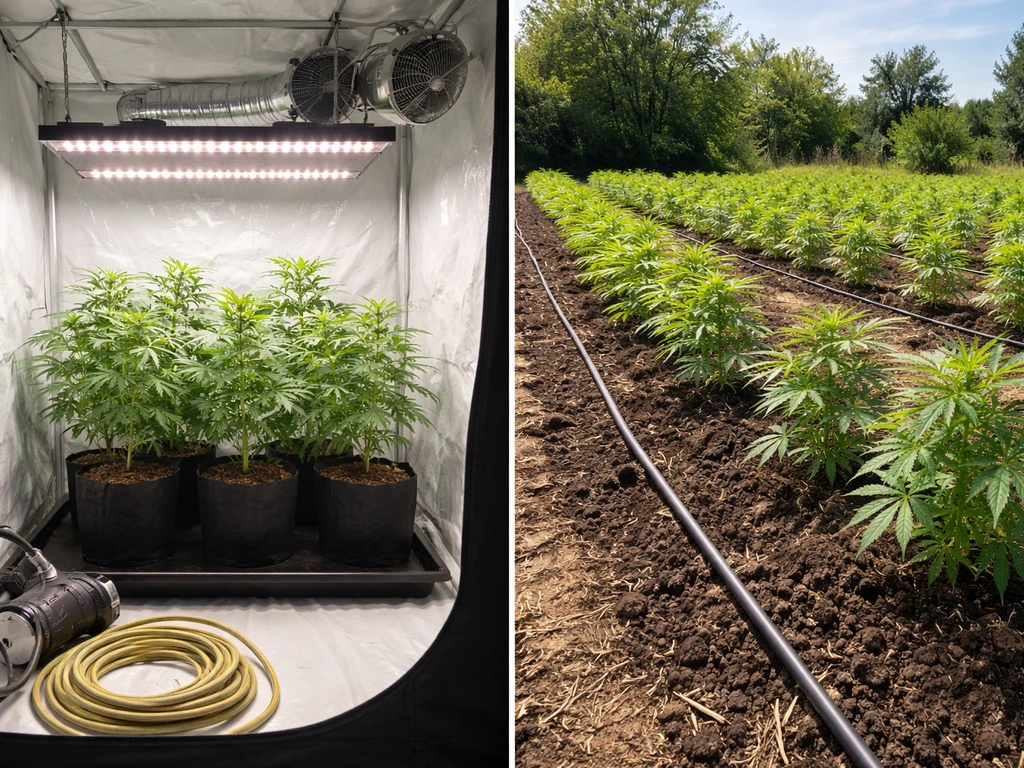 Side-by-side indoor grow tent with LED light and outdoor hemp bed with drip irrigation line.