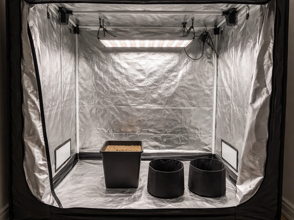 Reflective indoor grow tent with mounted LED light and simple containers arranged inside.
