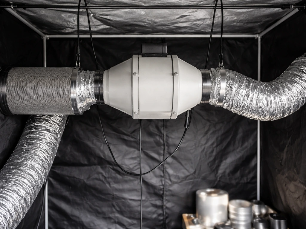 Inline duct fan and carbon filter connected to ducting inside a grow tent, intake/exhaust layout visible.