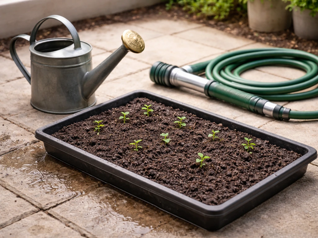 Minimal watering setup: watering can with fine rose head near a hose and small potted soil bed