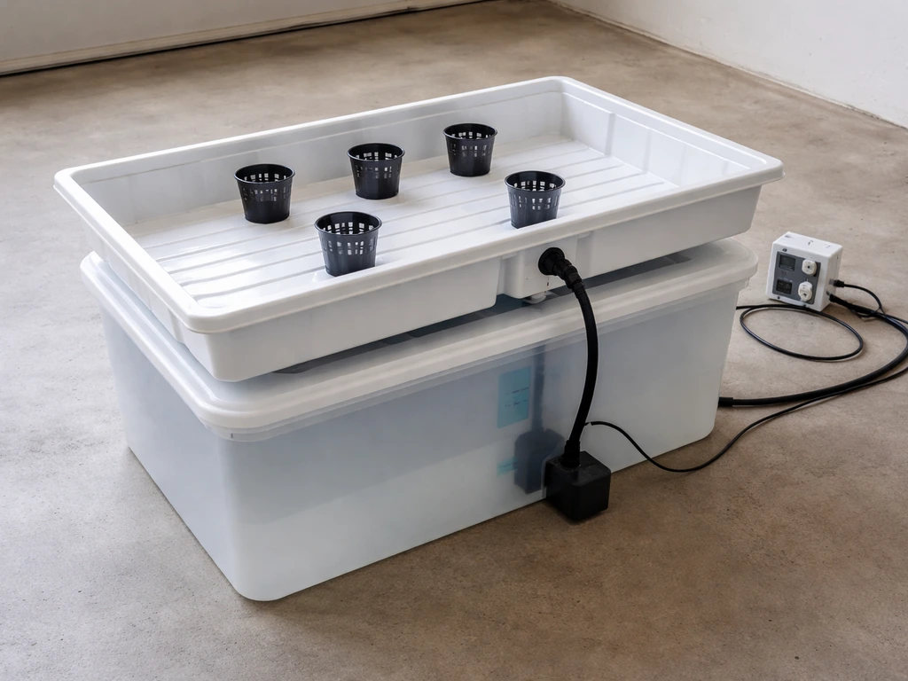 Minimal hydroponic ebb-and-flow tray with nutrient reservoir, pump, tubing, and timer connections.