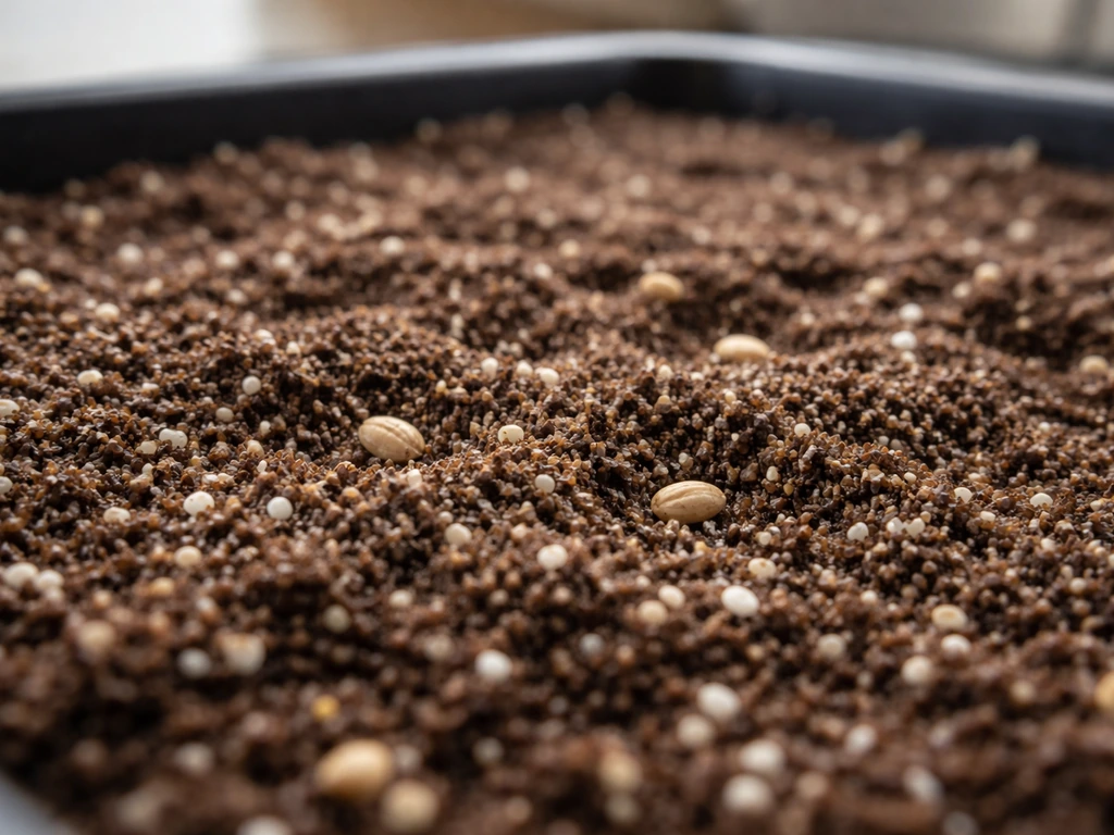 Macro close-up of fine seed raising mix with seeds nestled in for tight contact.