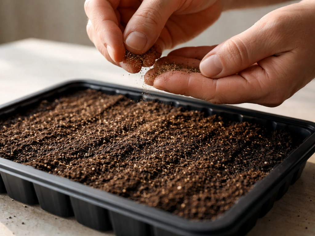 Hands sprinkling very fine seed onto dark soil in a seed tray, surface left uncovered for light germination.