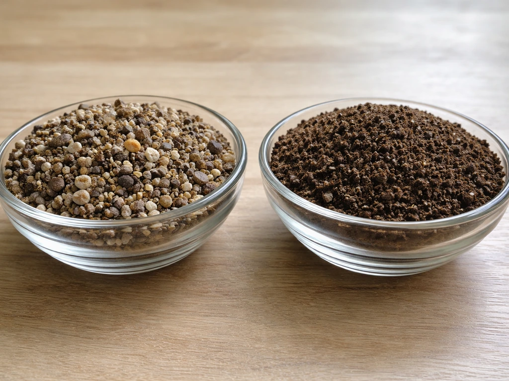 Two clear bowls of potting mix side by side, showing gritty cactus mix versus finer seed raising mix.