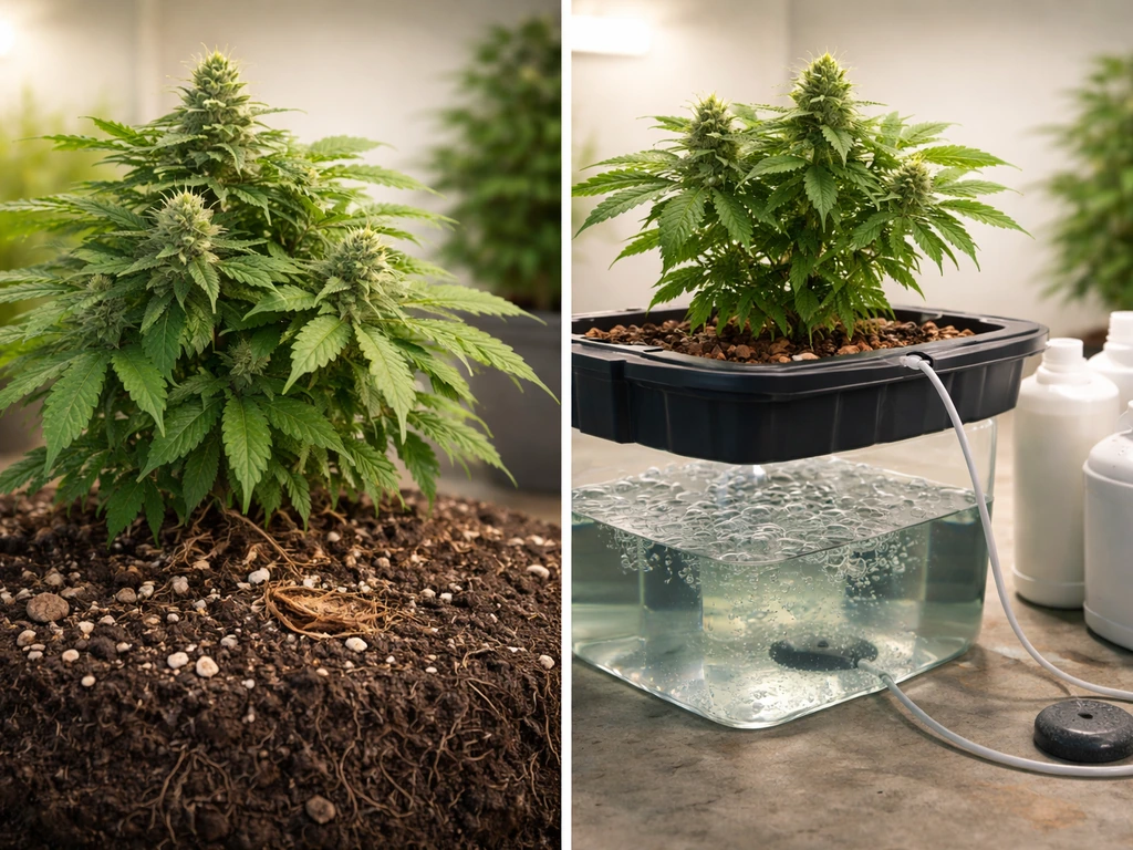 Healthy flowering cannabis plant in living soil beside a clean hydro reservoir with organic nutrient jugs