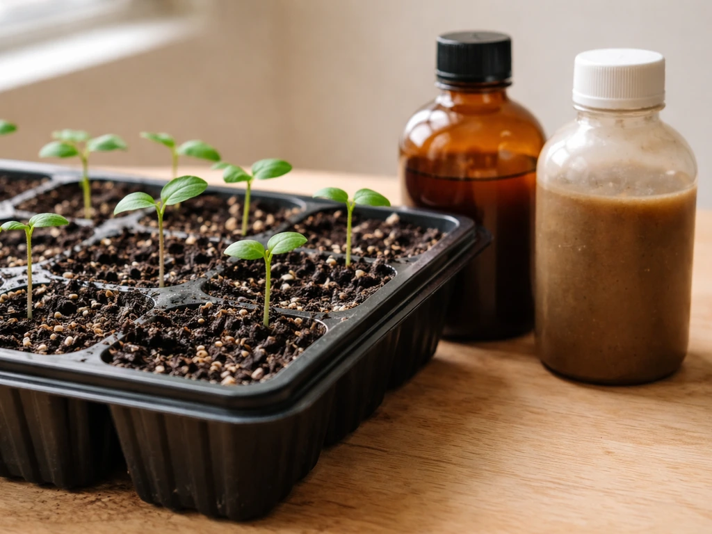 Close-up of a seedling tray in moist starter mix with small unlabeled nutrient bottles nearby.
