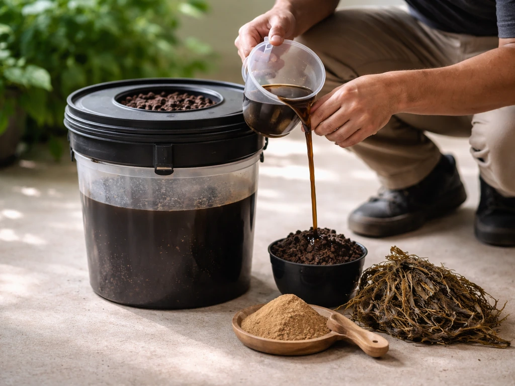 Close-up of hands mixing organic bloom booster ingredients into a grow bucket reservoir in a minimal indoor setup.