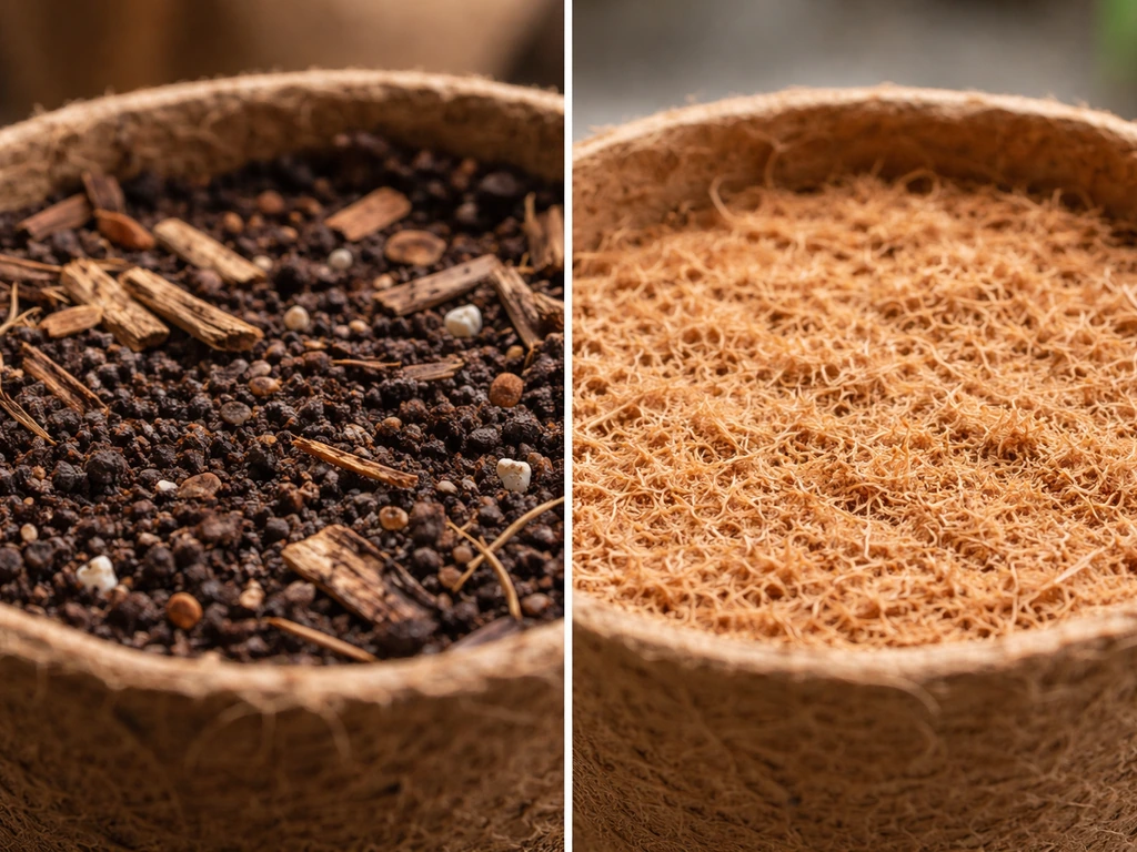 Split view of a soil pot with living mulch/worm-castings layer and a coco coir hydroponics container with inert medium.