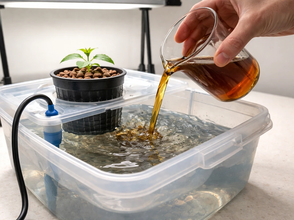 Amber organic tea poured into a clear DWC hydroponic reservoir beside an inert net pot.