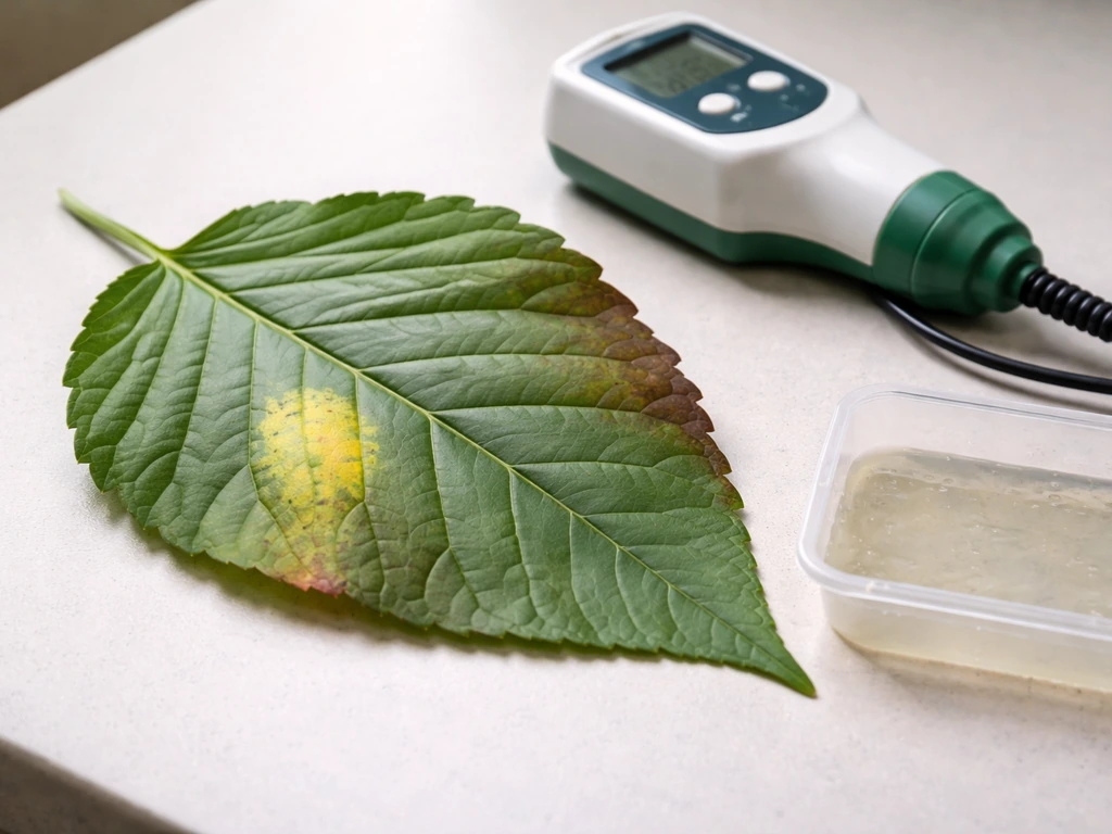 Close-up leaf with discoloration next to a pH/EC meter and small runoff test tray.