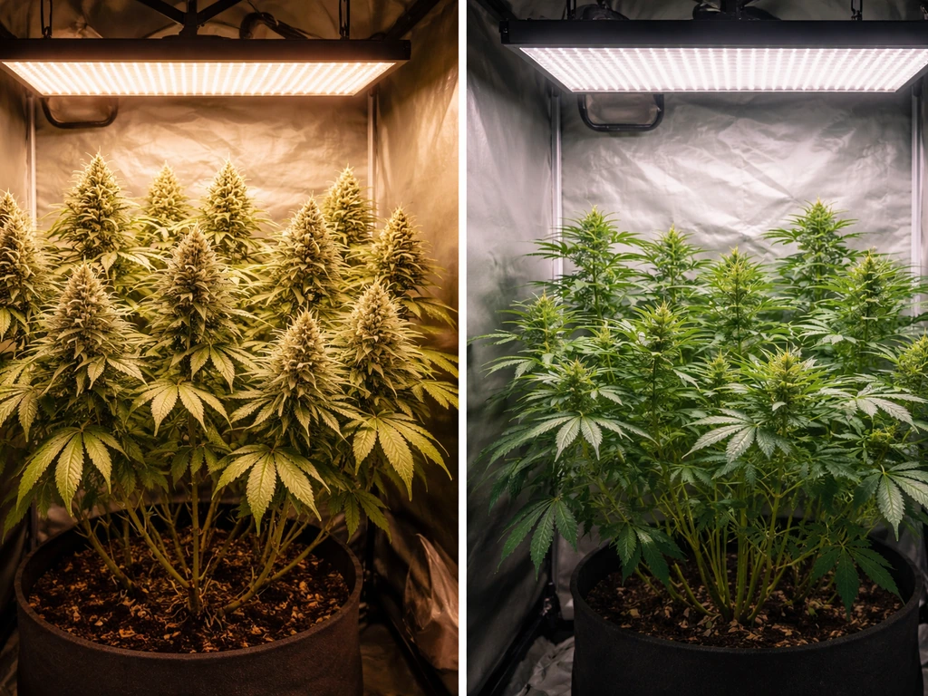 Split-screen of two small indoor grow setups: autoflower canopy left, photoperiod light-schedule setup right.